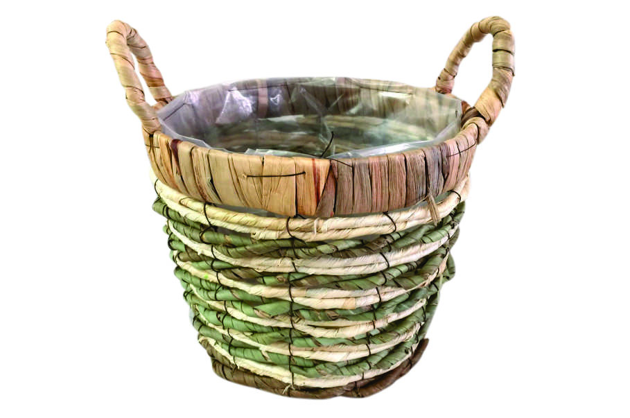 10" Round Rattan Planter with Handle Brown/Green - 15 per case